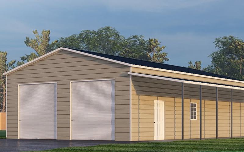 Tan 30 by 40 foot metal garage with two roll-up doors and a full-length side lean-to