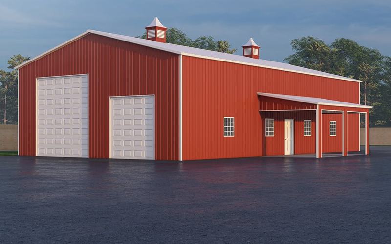 Red 40 by 60 foot commercial metal building with two cupolas, overhead doors and a lean-to porch