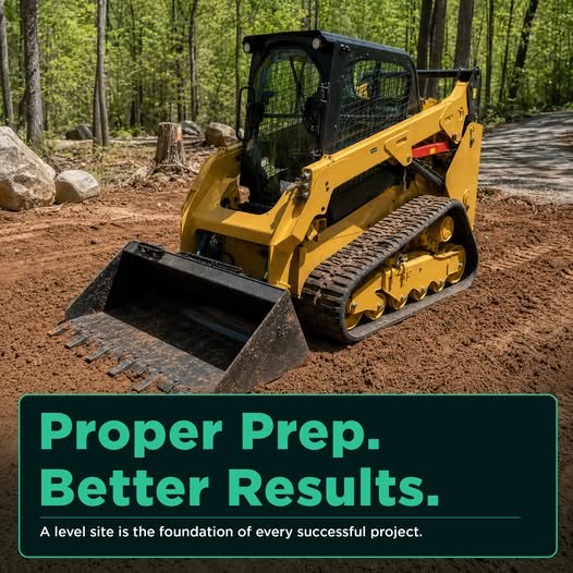 Ad: tracked skid steer grading a dirt building site. Proper prep. Better results. A level site is the foundation of every successful project.