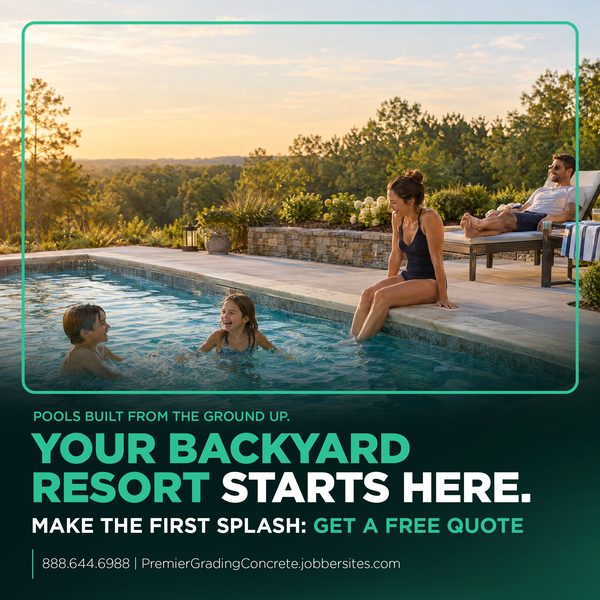 Ad: family enjoying a backyard pool with a concrete deck at sunset. Your backyard resort starts here. Make the first splash, get a free quote.