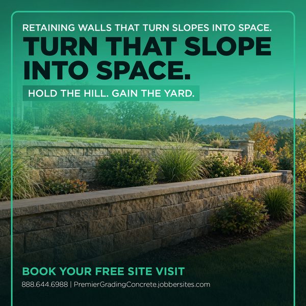 Ad: tiered stone retaining walls with landscaping on a hillside. Turn that slope into space. Book your free site visit.