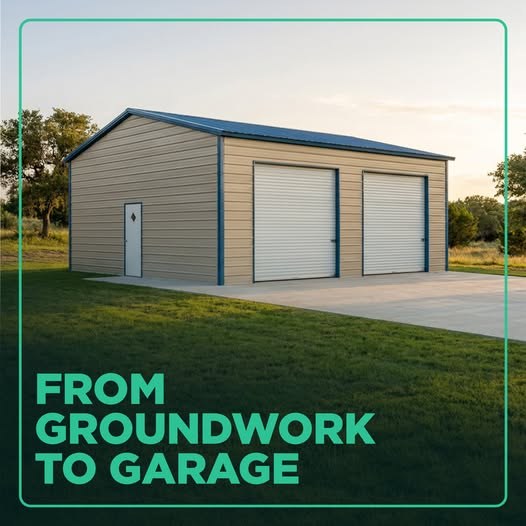 Ad: tan metal garage with two white roll-up doors on a new concrete slab. From groundwork to garage.
