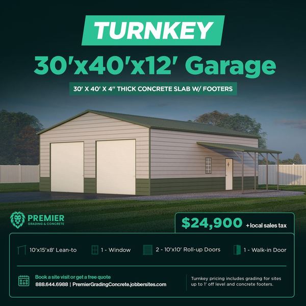 Rendering of a cream and green 30 by 40 foot metal garage with a side lean-to, window, two roll-up doors and a walk-in door