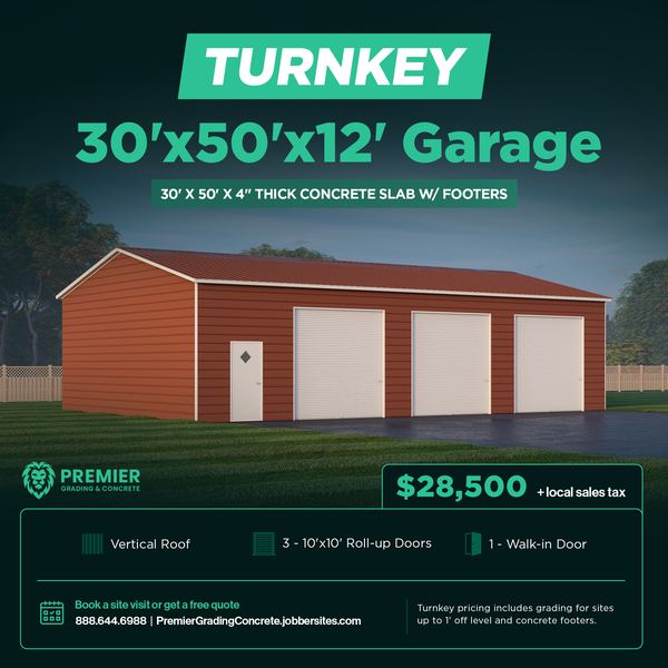Rendering of a red 30 by 50 foot metal garage with white trim, three roll-up doors and a walk-in door